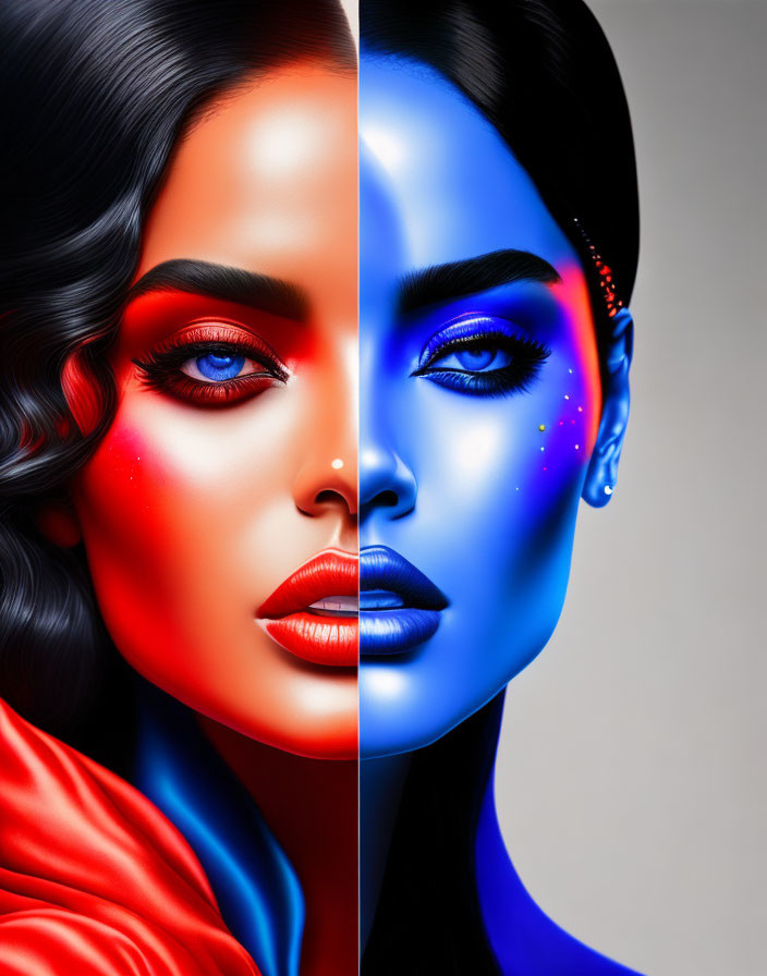 Split image of woman: warm red vs cool blue tones, realistic vs digital textures