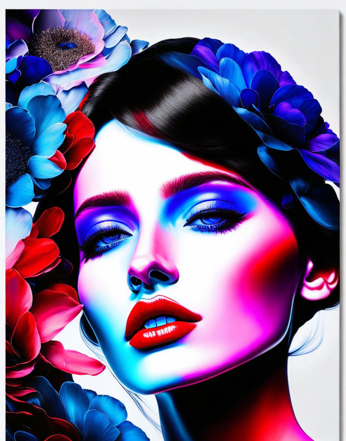 Colorful digital art portrait of a woman with neon flowers and bold blue and pink hues