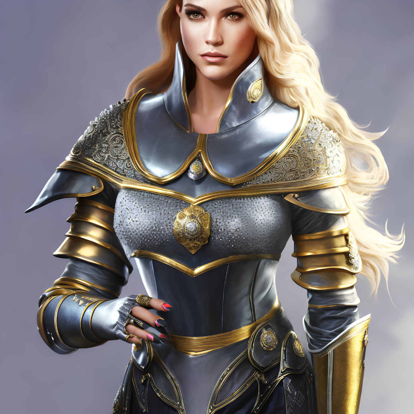 Blonde Woman in Silver and Gold Armor Portrait