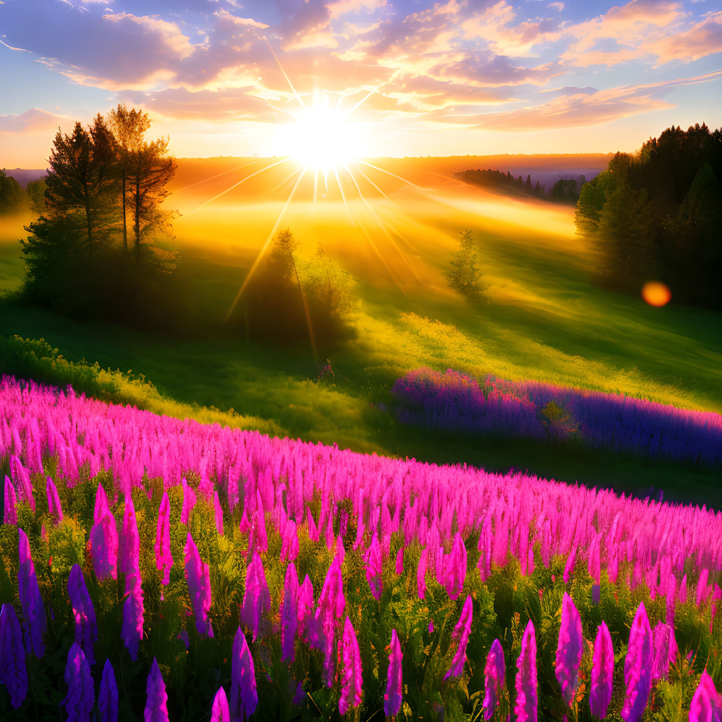 Colorful sunrise over pink lupines in a sunlit field