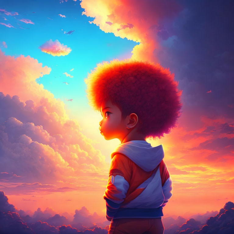 Child with Large Afro Silhouetted Against Vibrant Sunset Sky