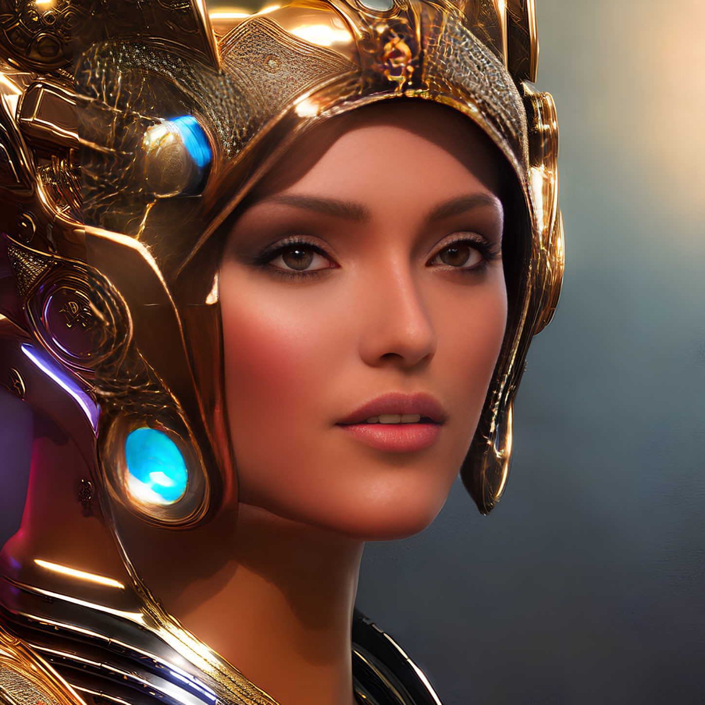 Detailed Close-up: Woman in Futuristic Golden Helmet with Intricate Designs and Glowing Blue Elements