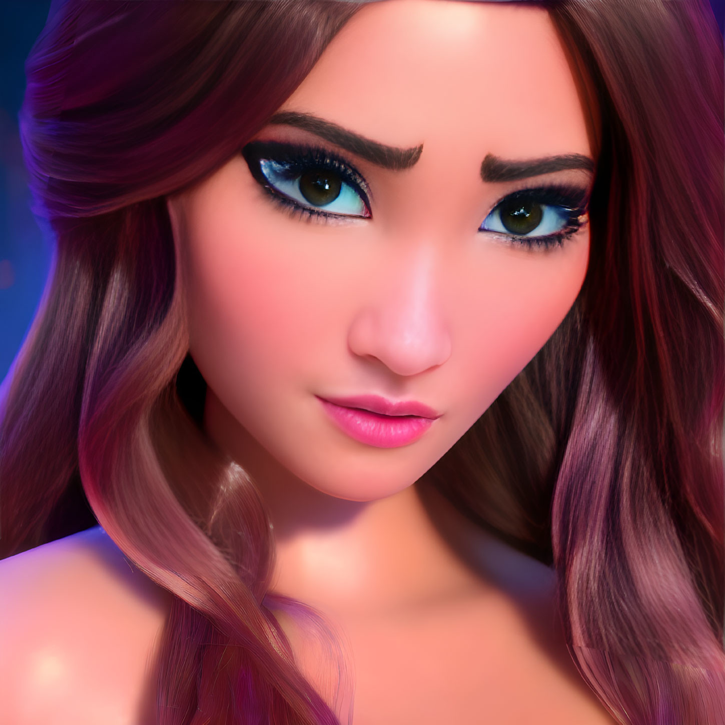 Detailed 3D animated female character with blue eyes and pink lips on blurred background