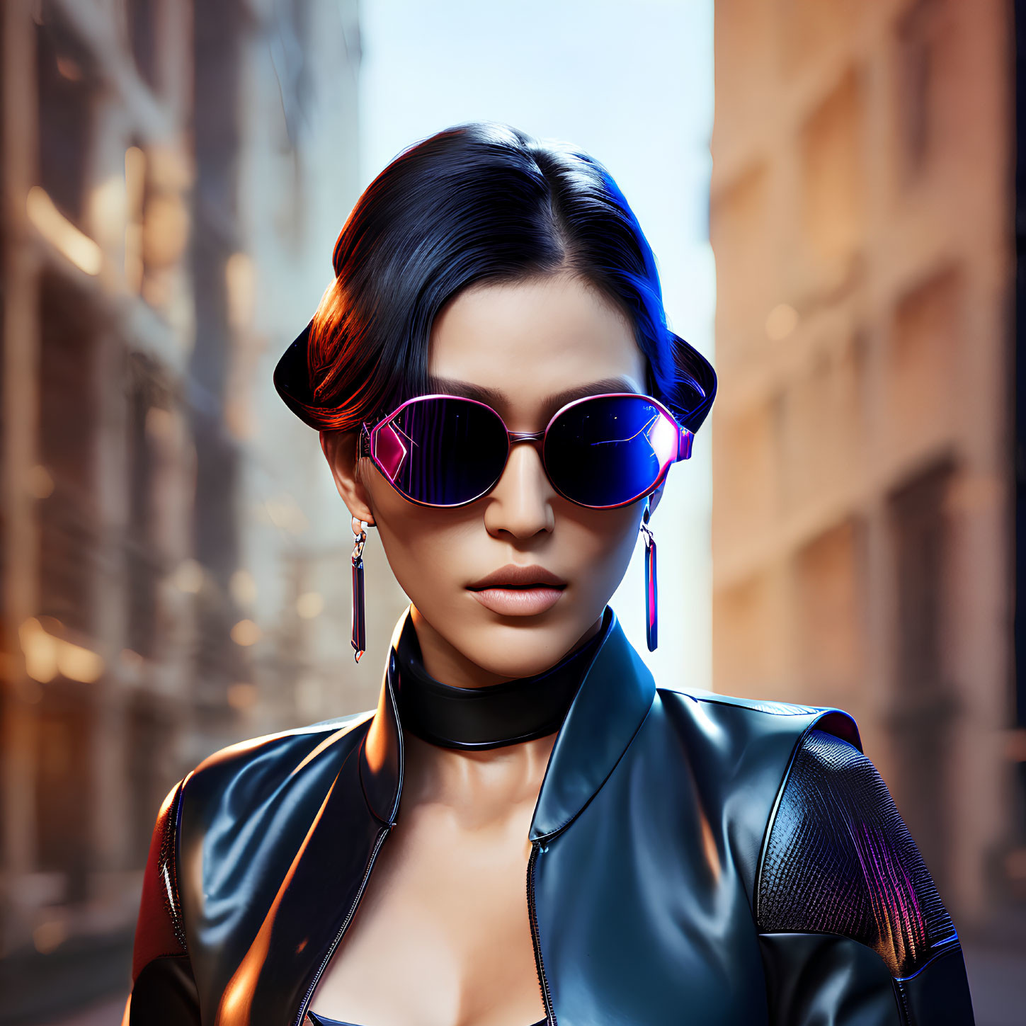 Fashionable woman in leather jacket and choker, with sleek hair and sunglasses, urban backdrop.