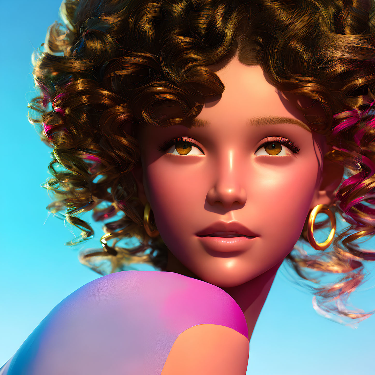 3D digital illustration of woman with curly hair and hoop earrings