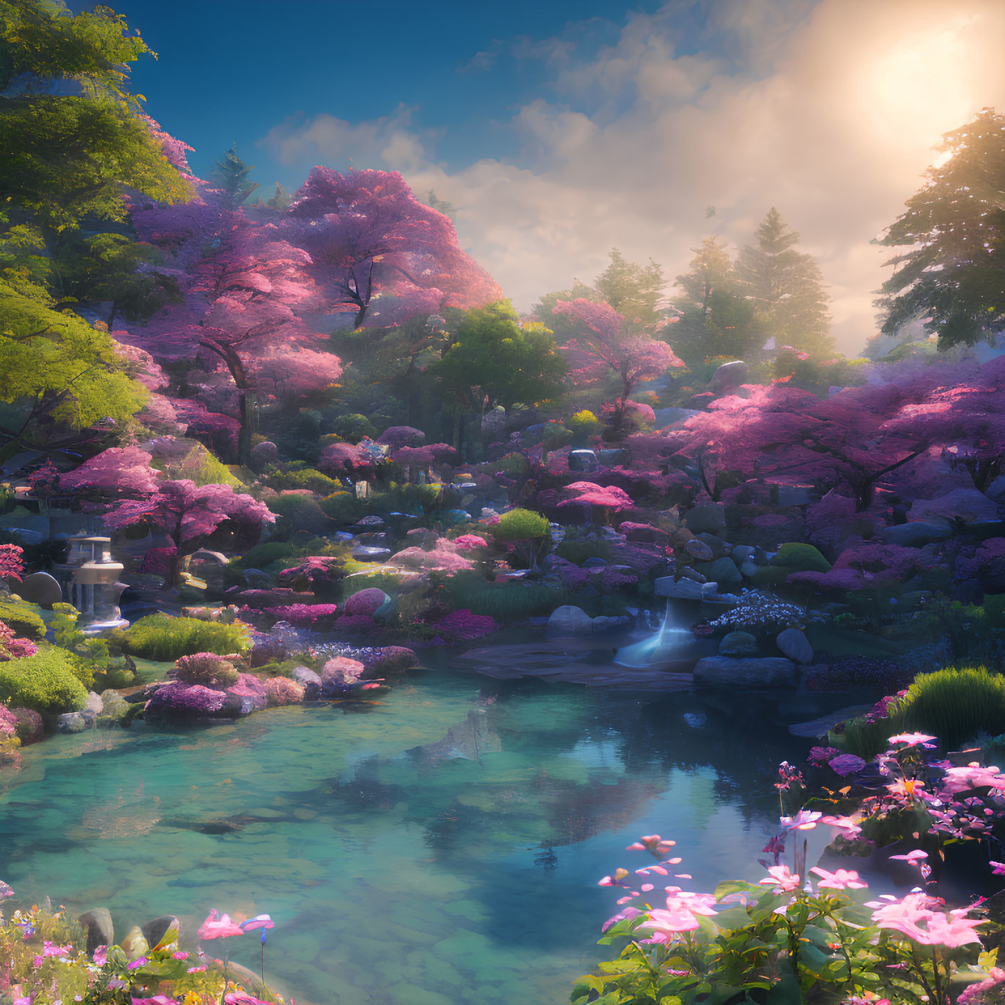 Tranquil garden with pink cherry blossoms, lush greenery, serene pond, and sunbeam