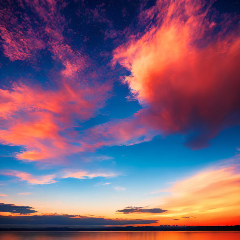 Colorful sunset reflected in calm water with blue and orange sky and sunlit clouds