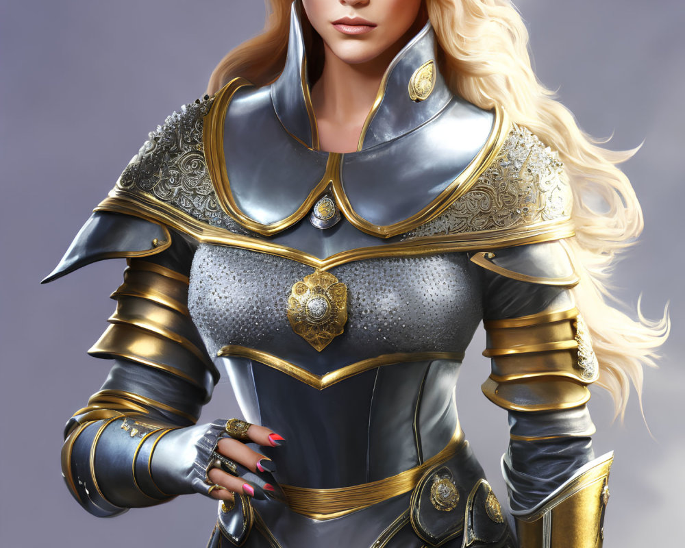 Blonde Woman in Silver and Gold Armor Portrait