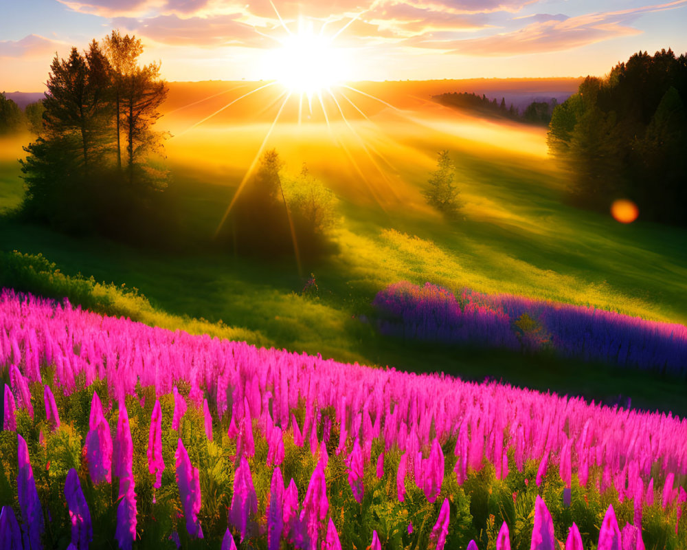 Colorful sunrise over pink lupines in a sunlit field