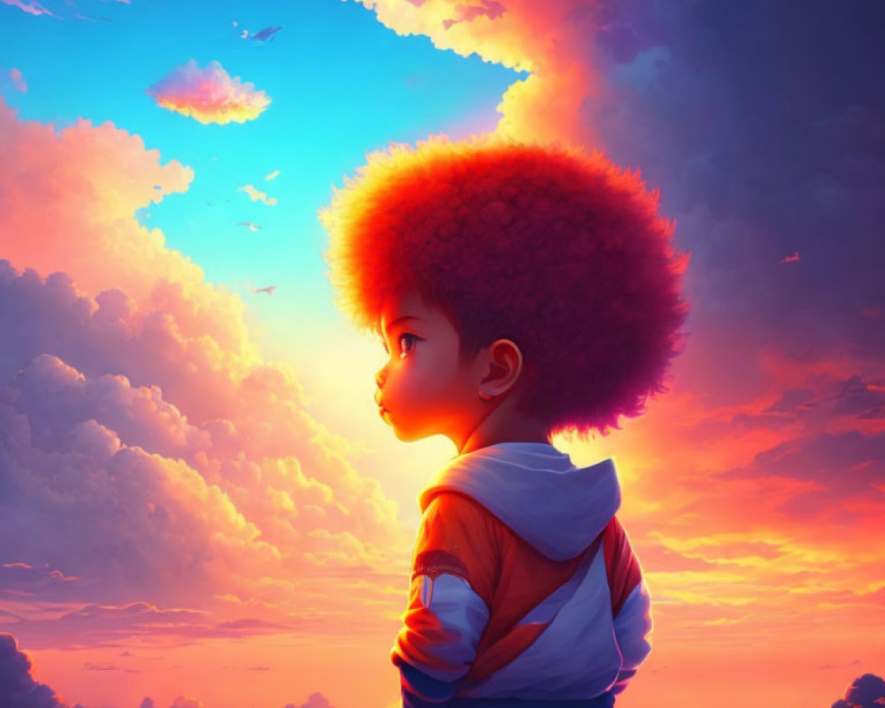 Child with Large Afro Silhouetted Against Vibrant Sunset Sky