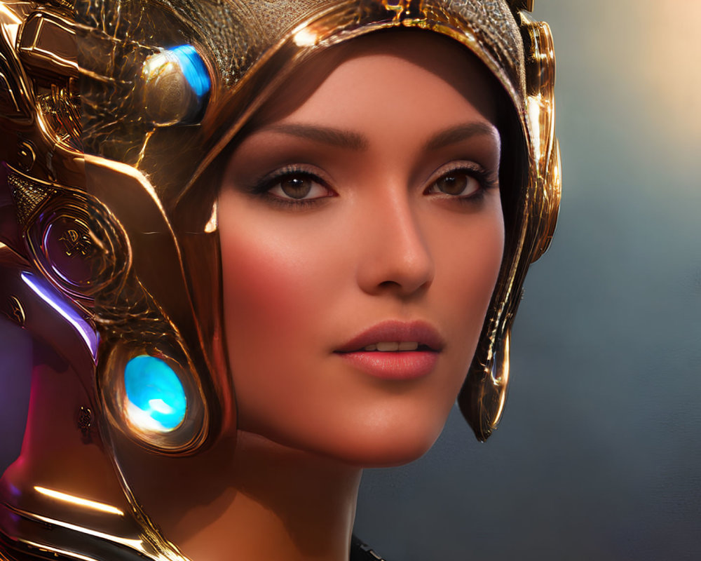 Detailed Close-up: Woman in Futuristic Golden Helmet with Intricate Designs and Glowing Blue Elements