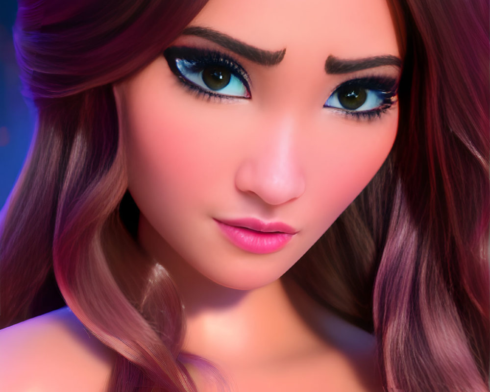 Detailed 3D animated female character with blue eyes and pink lips on blurred background