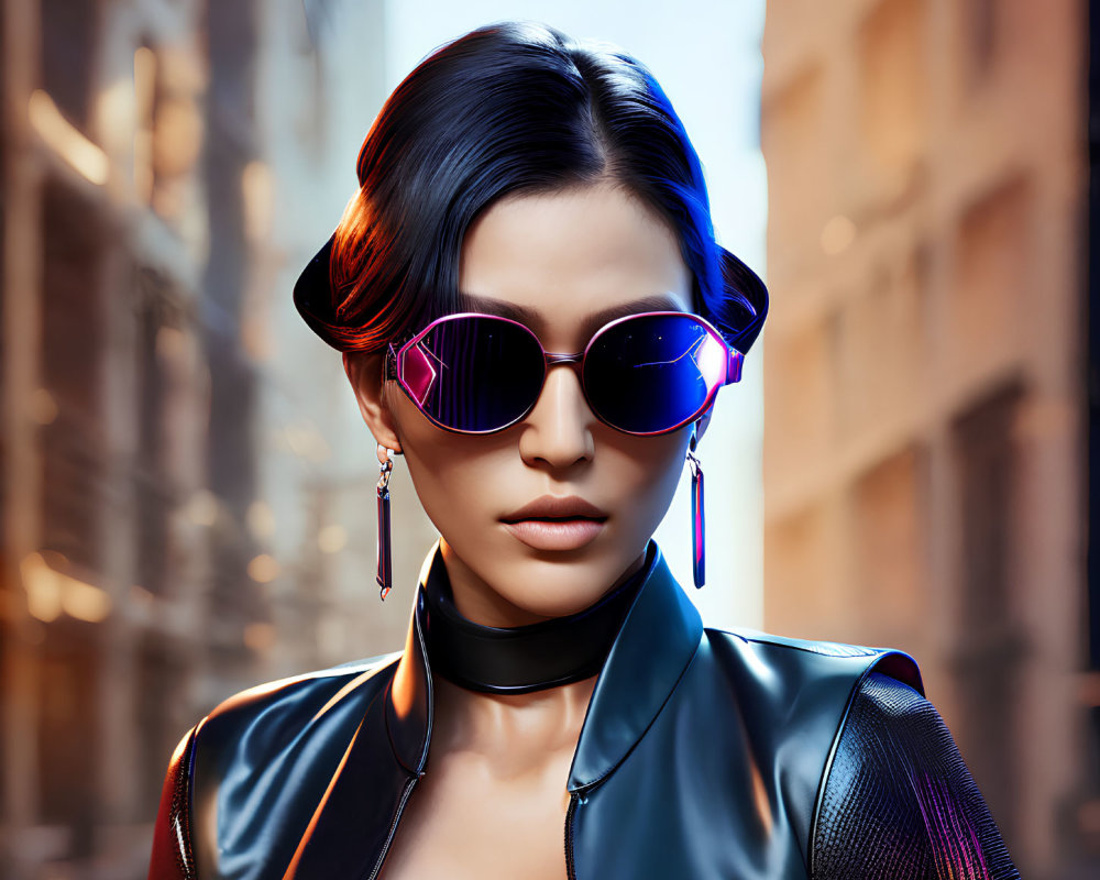 Fashionable woman in leather jacket and choker, with sleek hair and sunglasses, urban backdrop.