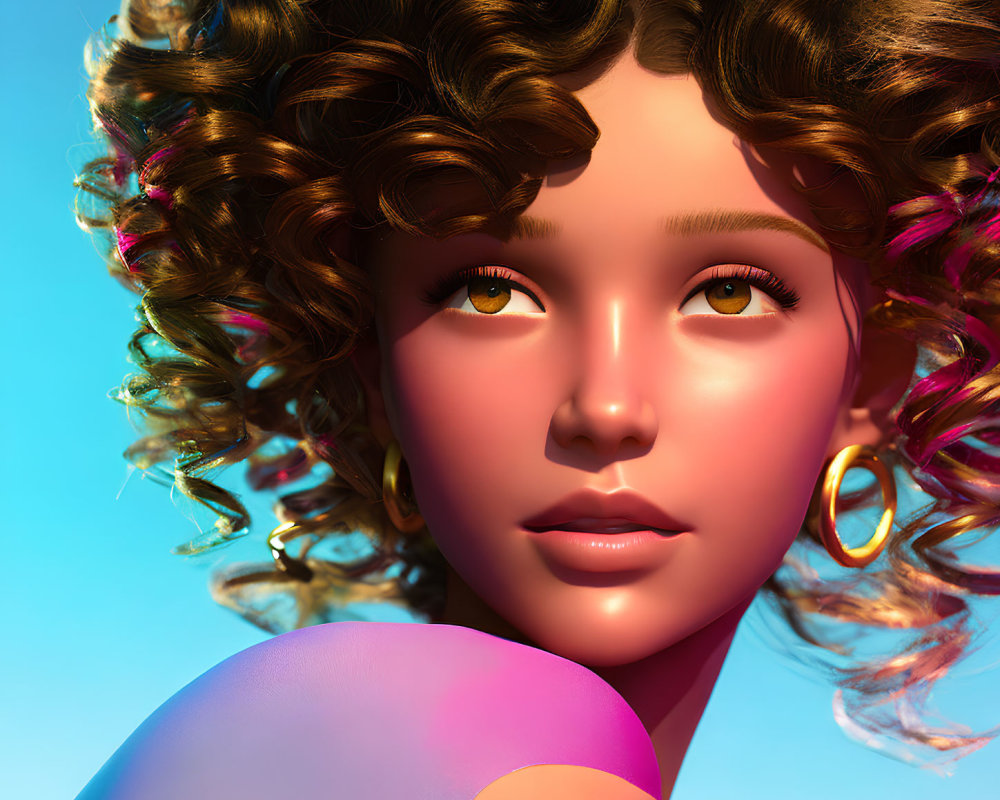 3D digital illustration of woman with curly hair and hoop earrings