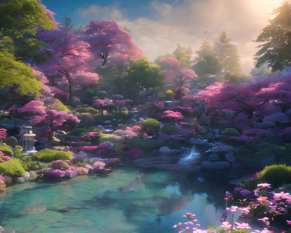 Tranquil garden with pink cherry blossoms, lush greenery, serene pond, and sunbeam