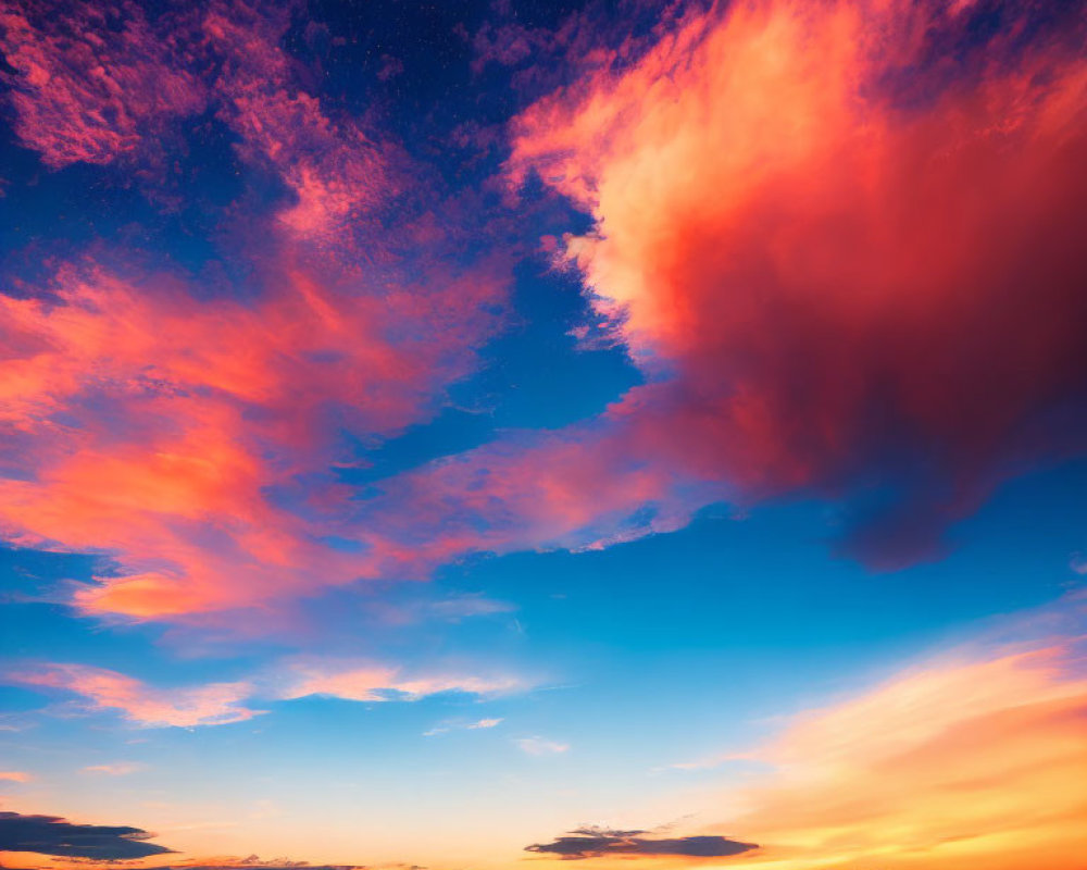 Colorful sunset reflected in calm water with blue and orange sky and sunlit clouds