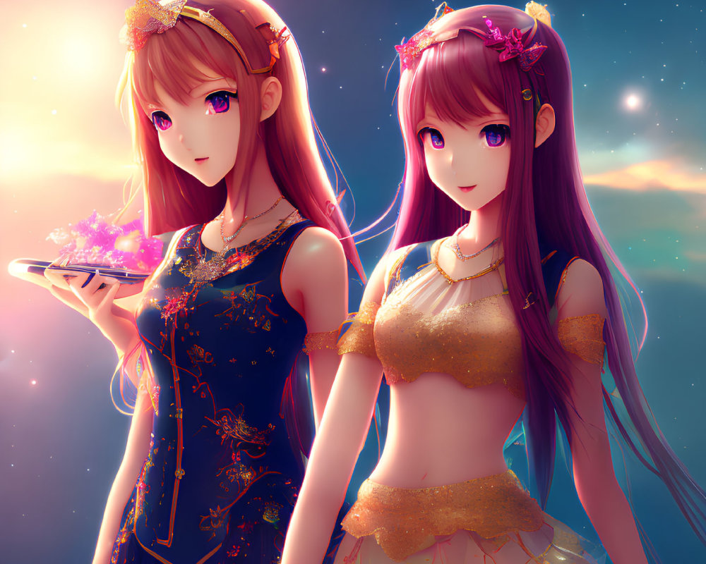 Stylized animated girls with flowers in hair under twilight sky