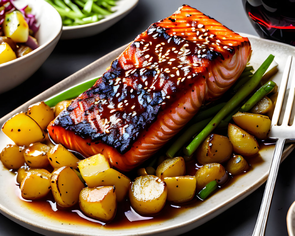 Sesame-Glazed Salmon Fillet with Sautéed Potatoes and Green Beans on White