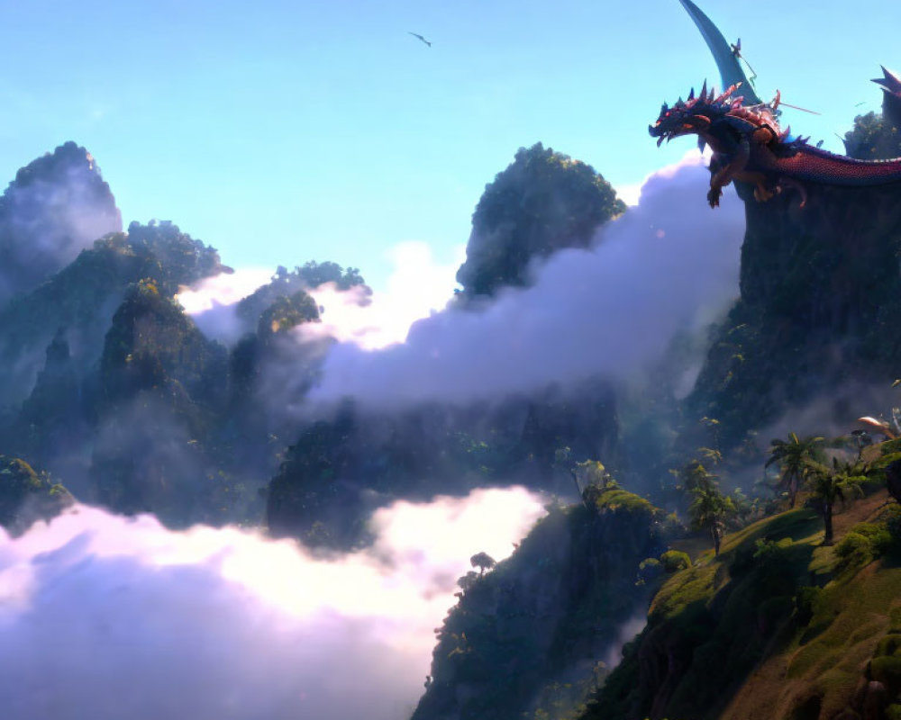 Red Dragon Perched on Cliff Amid Lush Greenery and Misty Mountains