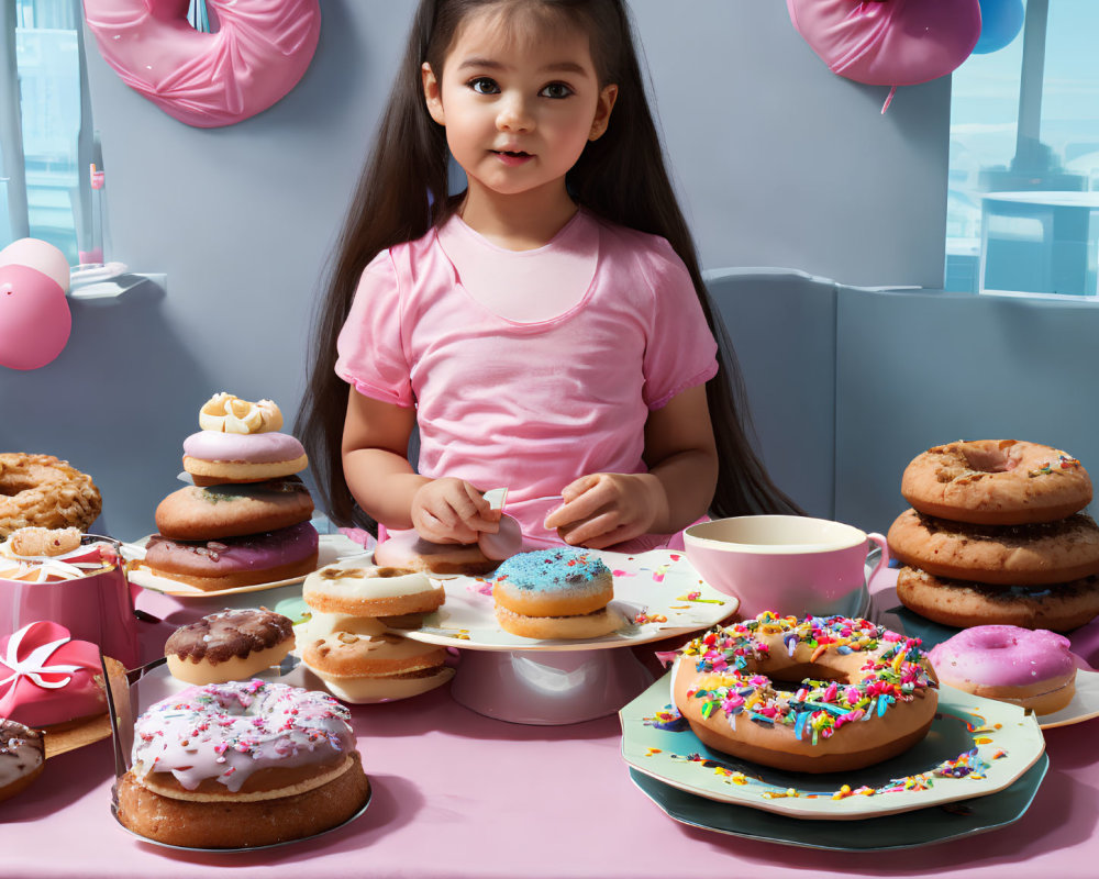 Young girl with pink bow surrounded by colorful donuts and balloons