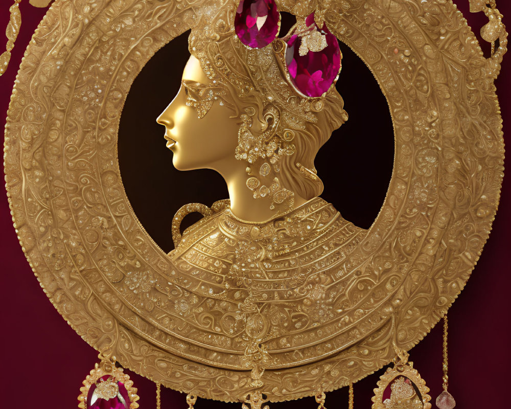 Intricate gold profile of a woman with jewels on maroon background