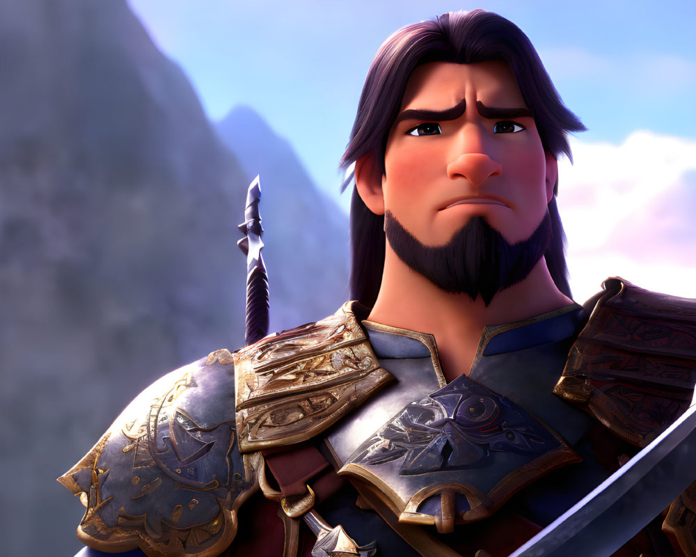 Long-haired animated character in medieval armor with sword gazes pensively against mountain backdrop