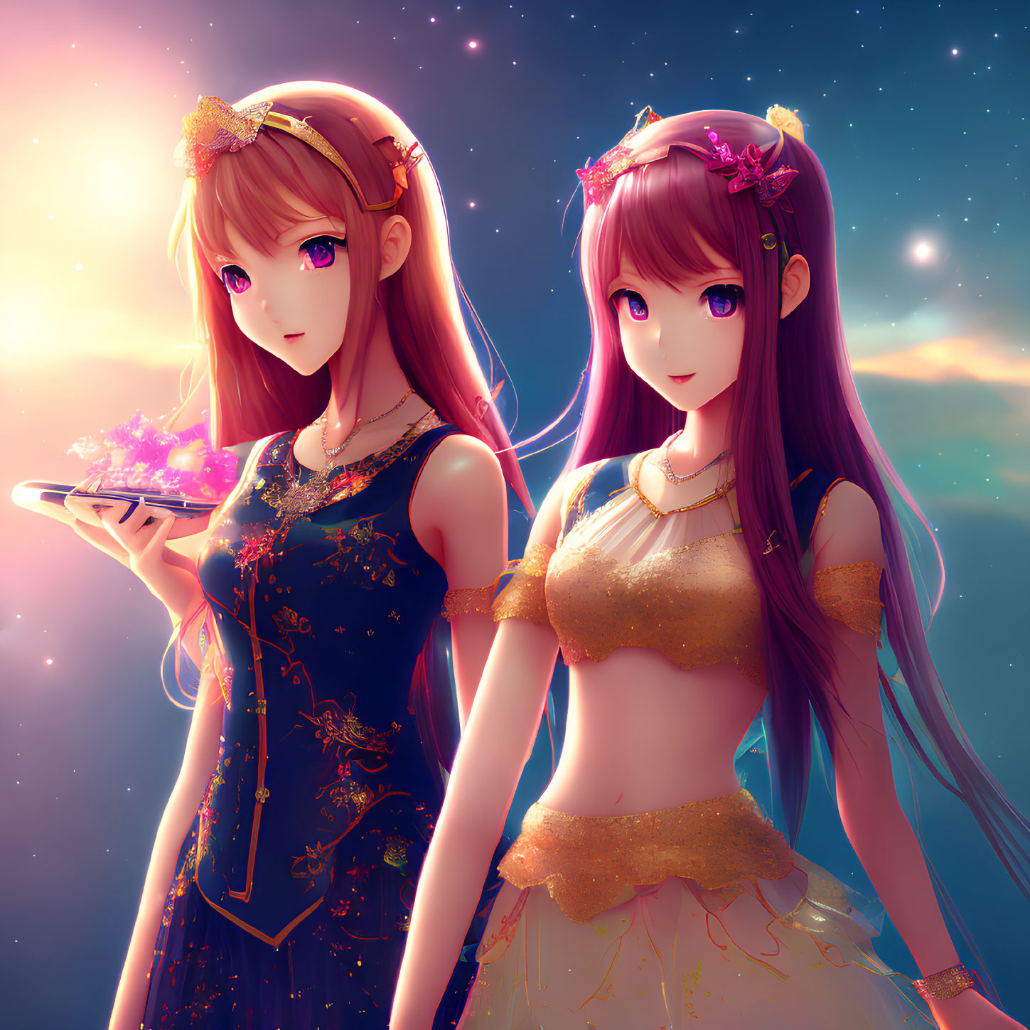 Stylized animated girls with flowers in hair under twilight sky