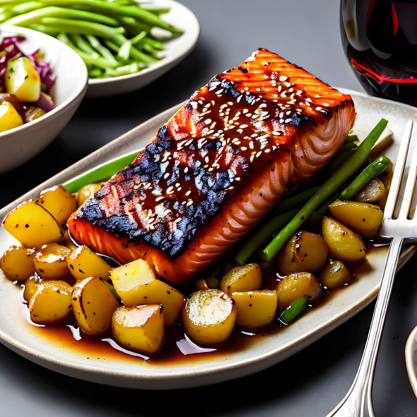 Sesame-Glazed Salmon Fillet with Sautéed Potatoes and Green Beans on White