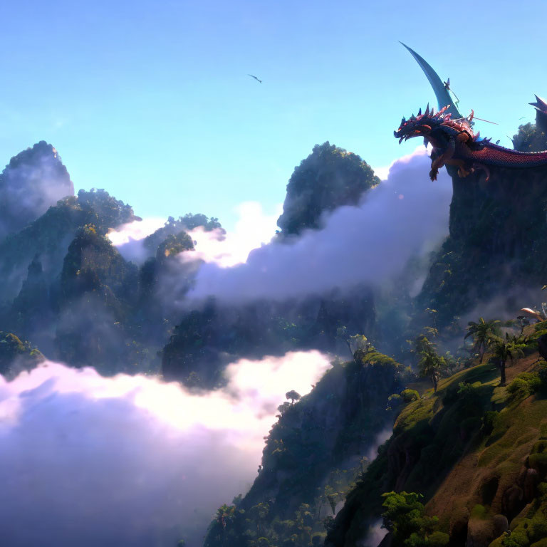 Red Dragon Perched on Cliff Amid Lush Greenery and Misty Mountains