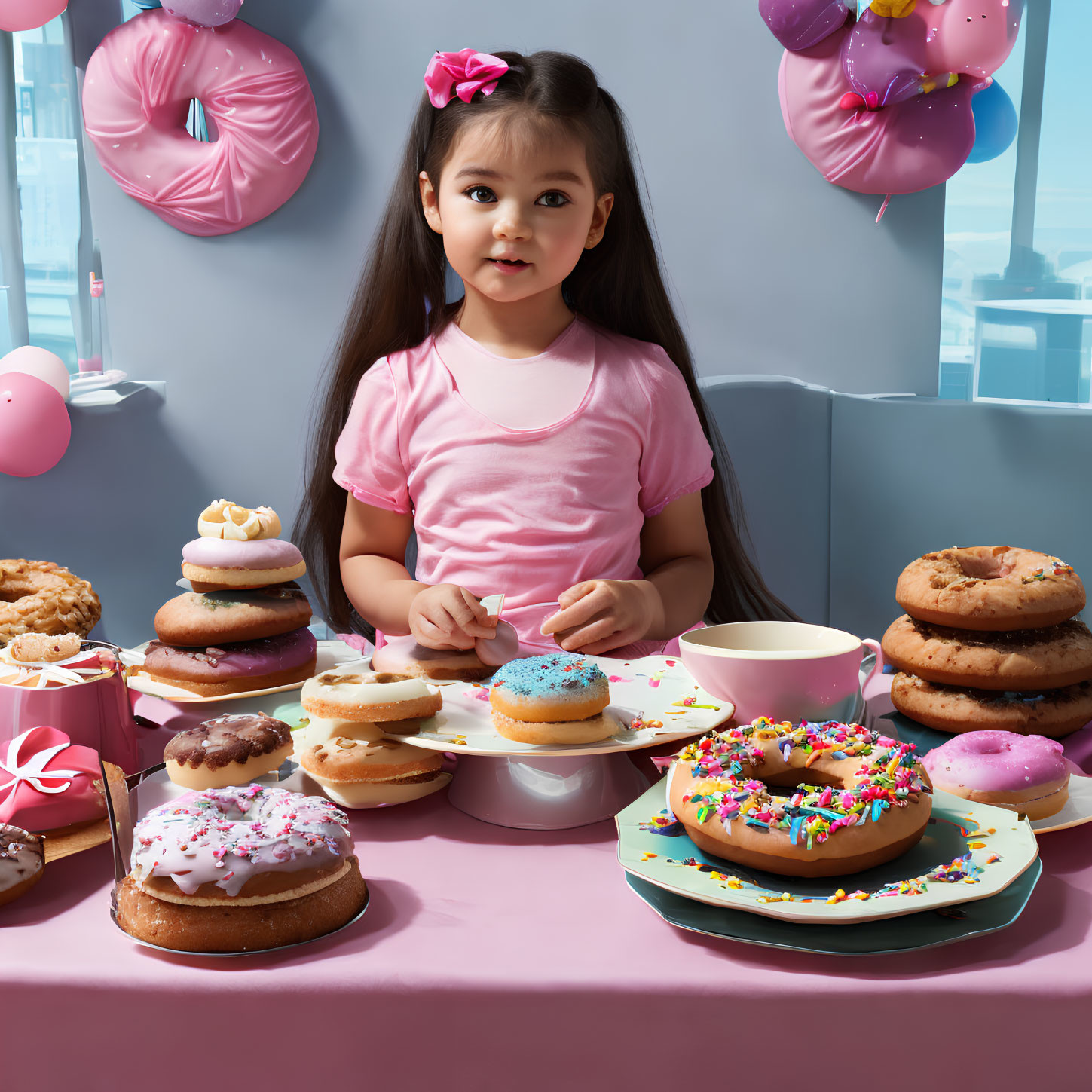 Young girl with pink bow surrounded by colorful donuts and balloons