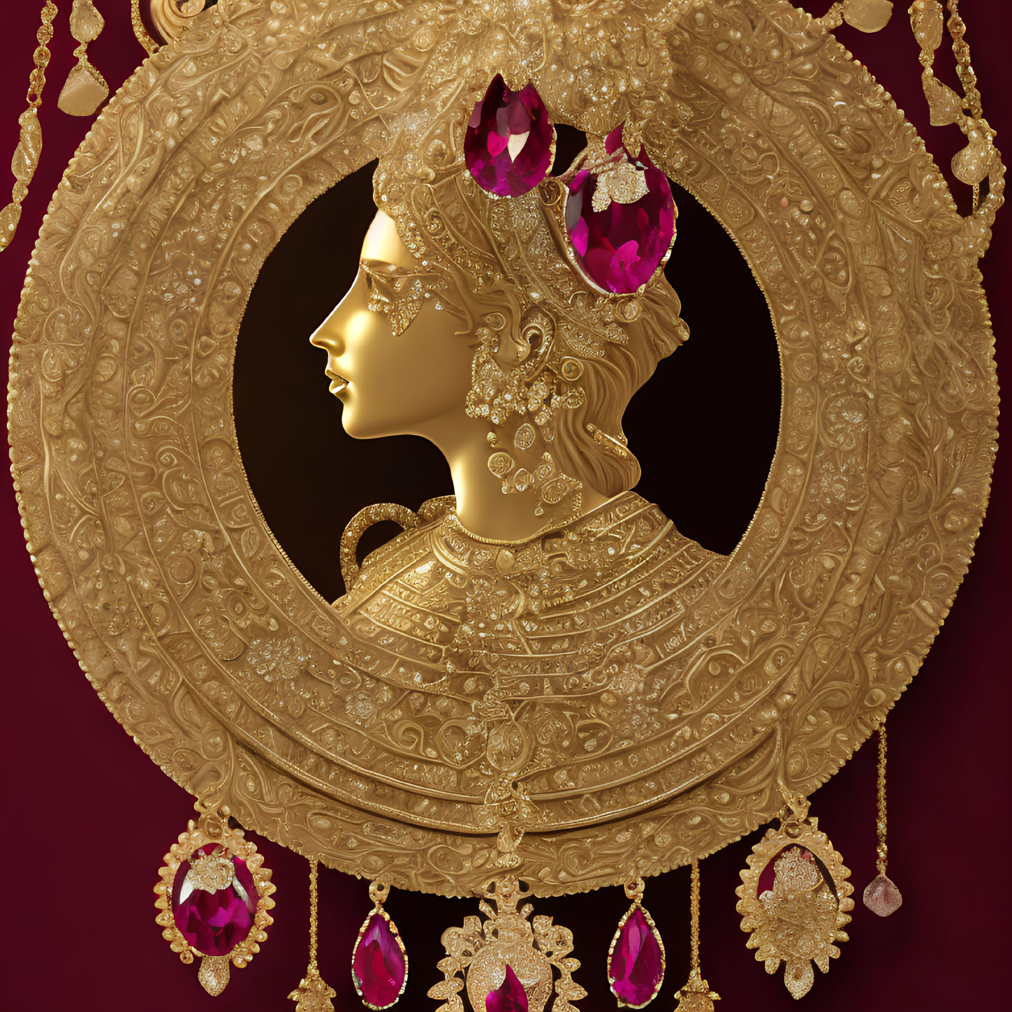 Intricate gold profile of a woman with jewels on maroon background