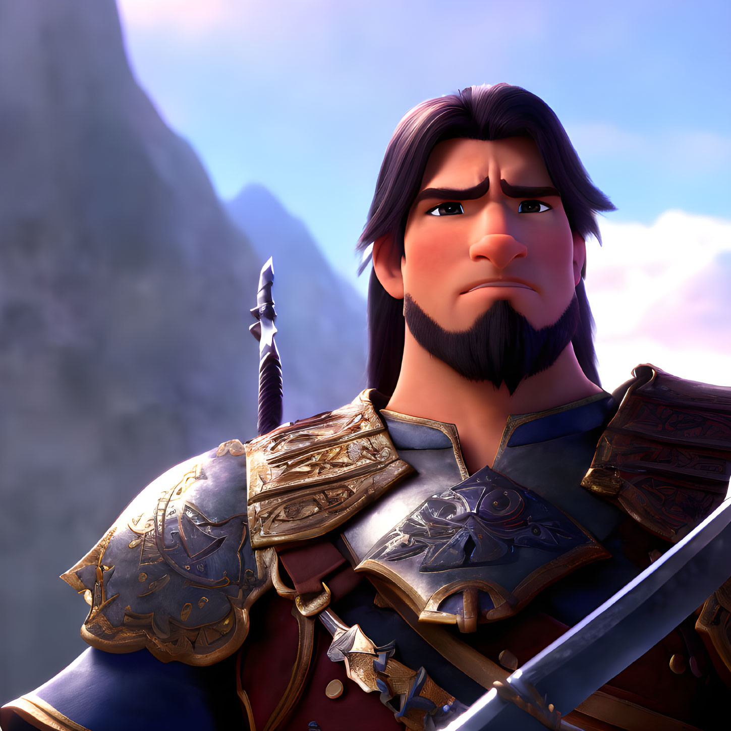 Long-haired animated character in medieval armor with sword gazes pensively against mountain backdrop