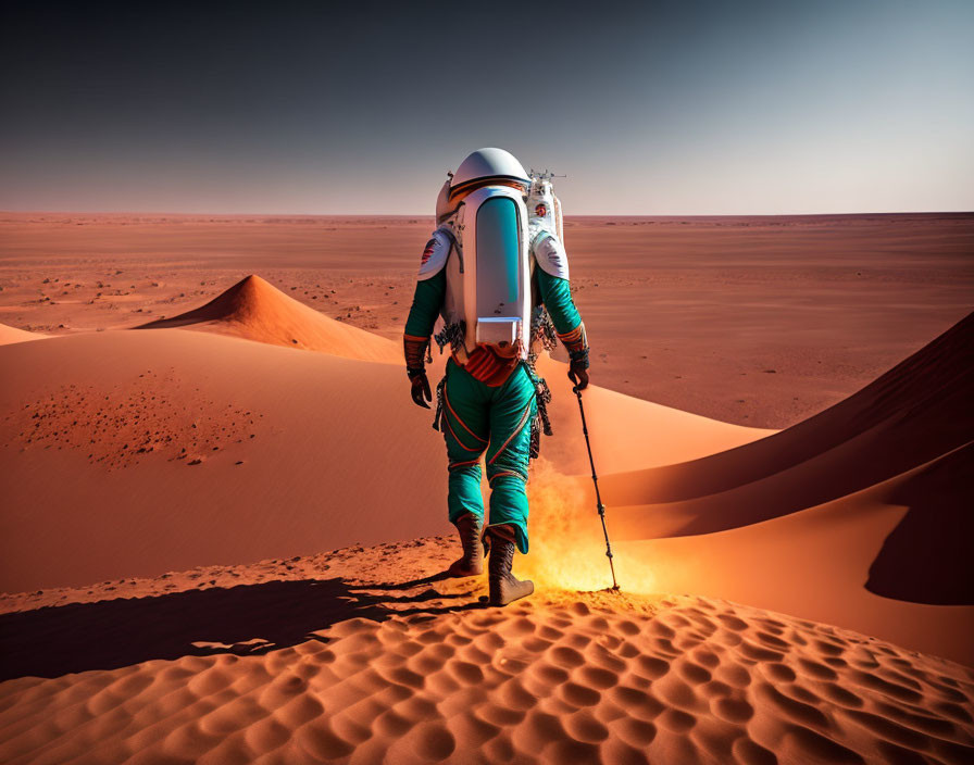 Astronaut in spacesuit explores red desert landscape