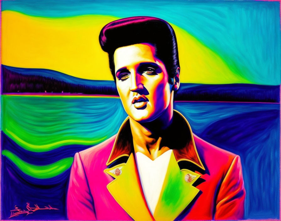 Vibrant pop art portrait of a man with pompadour hairstyle and colorful jacket