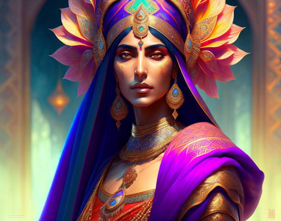 Regal woman adorned in golden jewelry and colorful headdress against blue backdrop