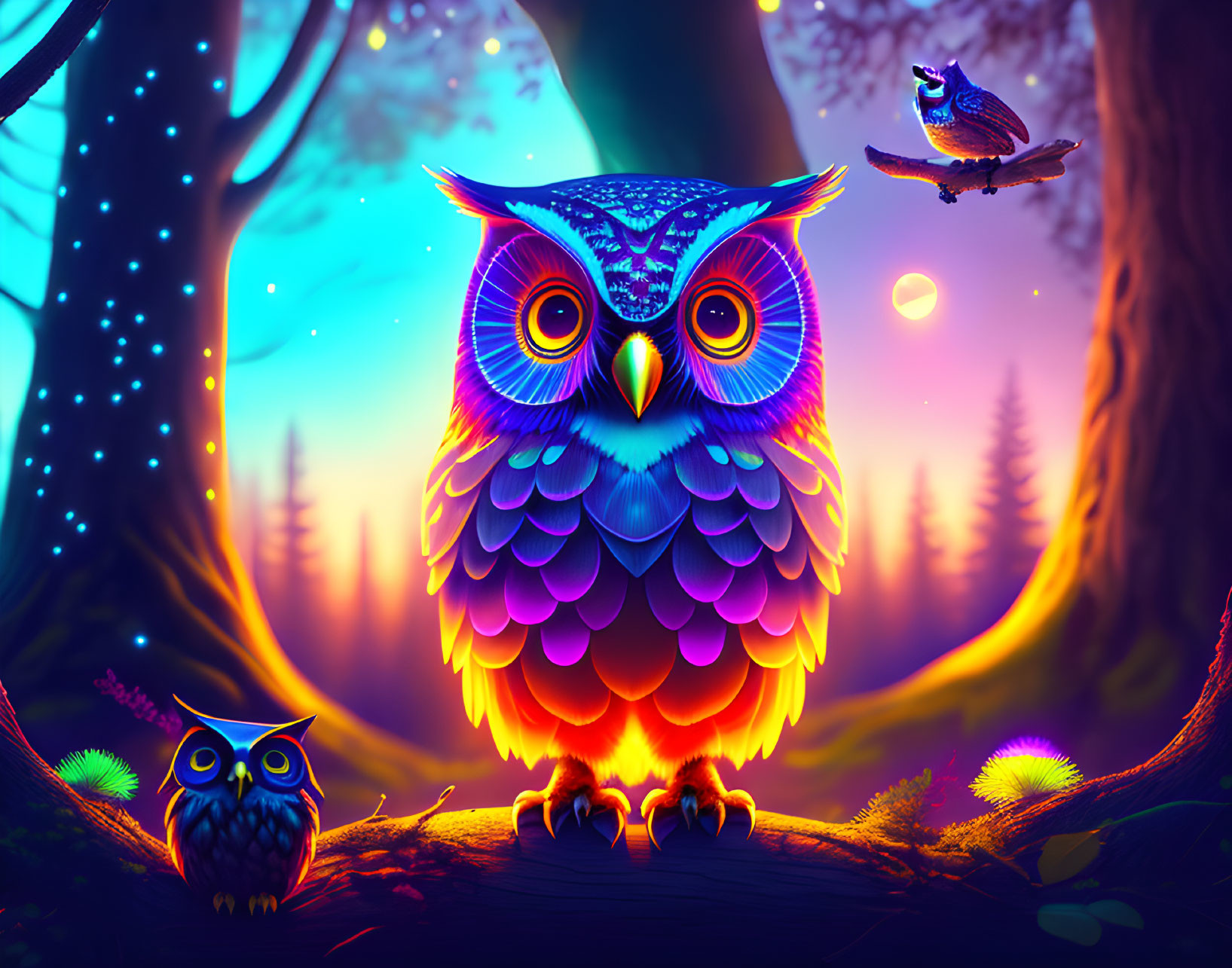 Colorful owl with small companion on branch in twilight forest