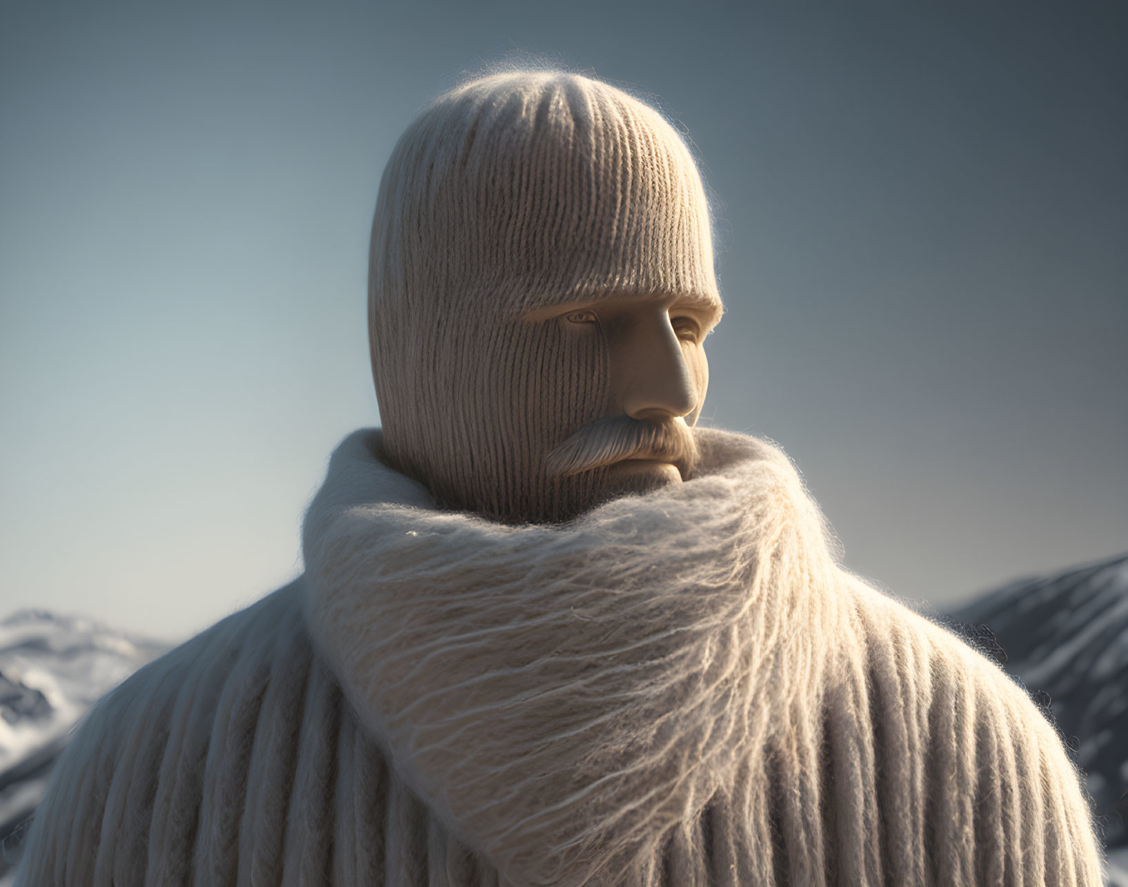 Person in Knitted Wool Attire Against Snowy Mountain Background