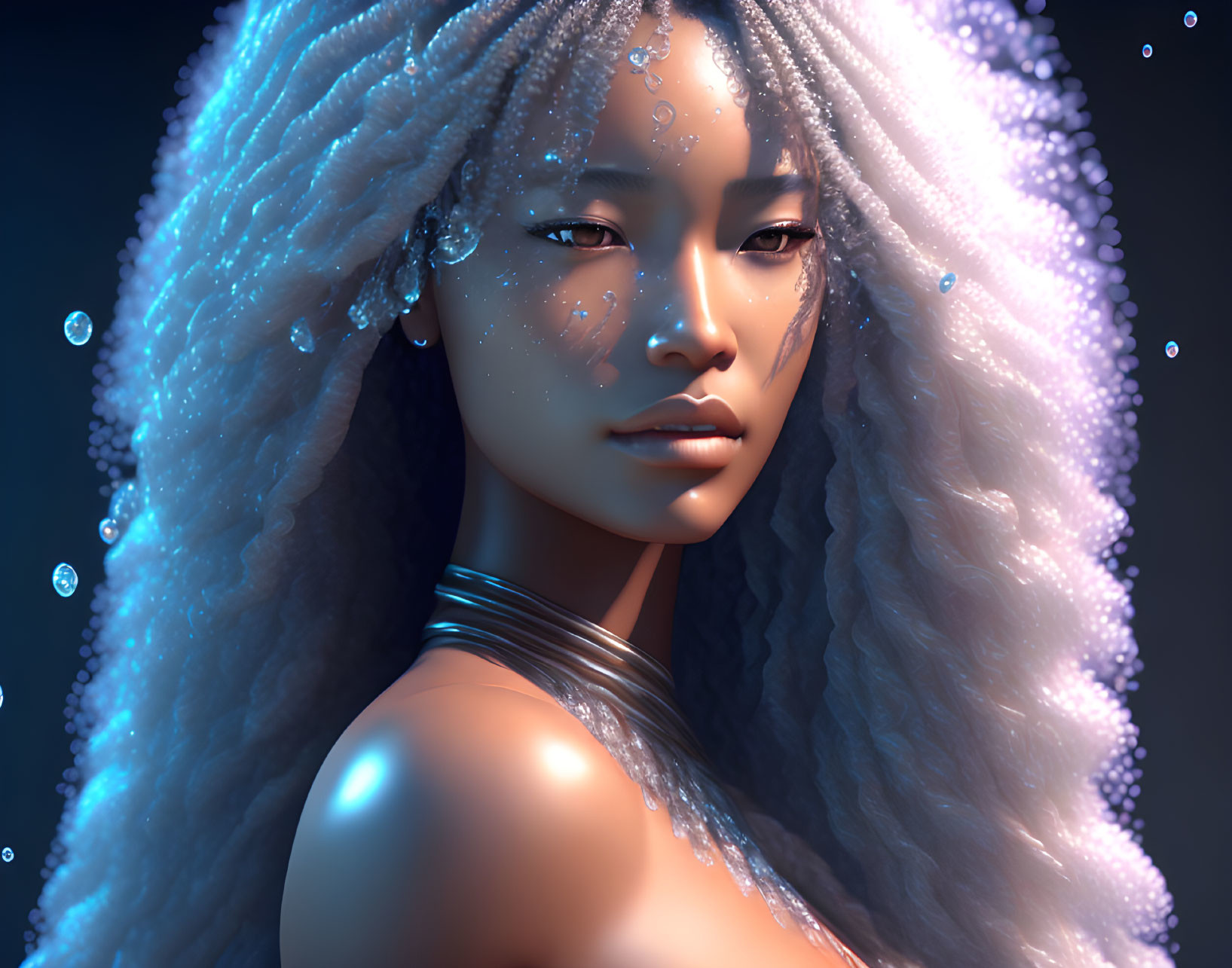 Digital artwork: Woman with white hair and glowing skin, orbs of light on dark background