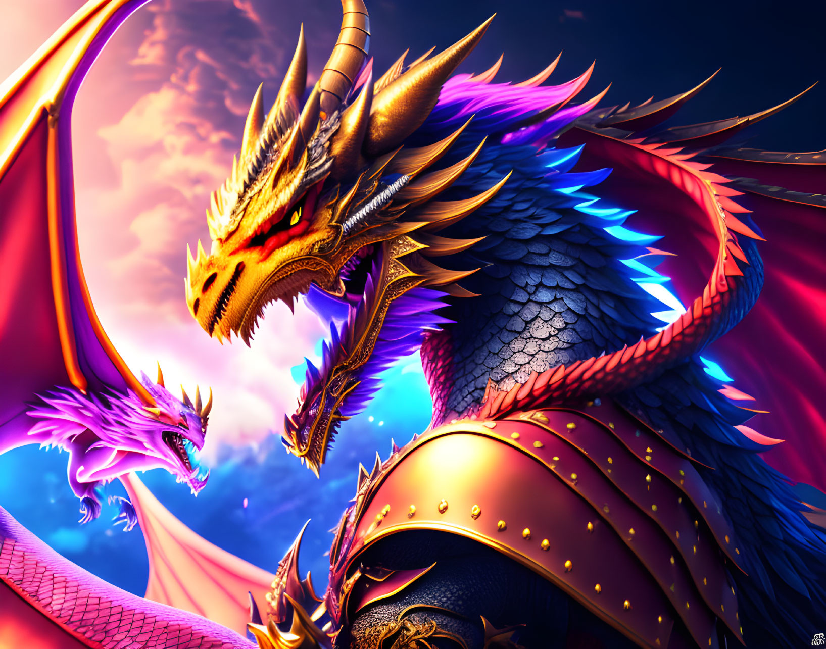 Golden and Purple Dragons in Fiery Confrontation on Vivid Background