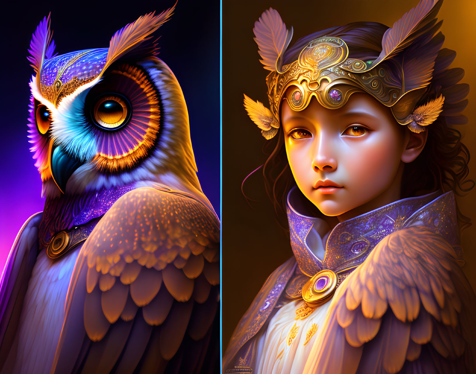 Colorful Owl and Girl in Owl Attire Digital Art Split in Two