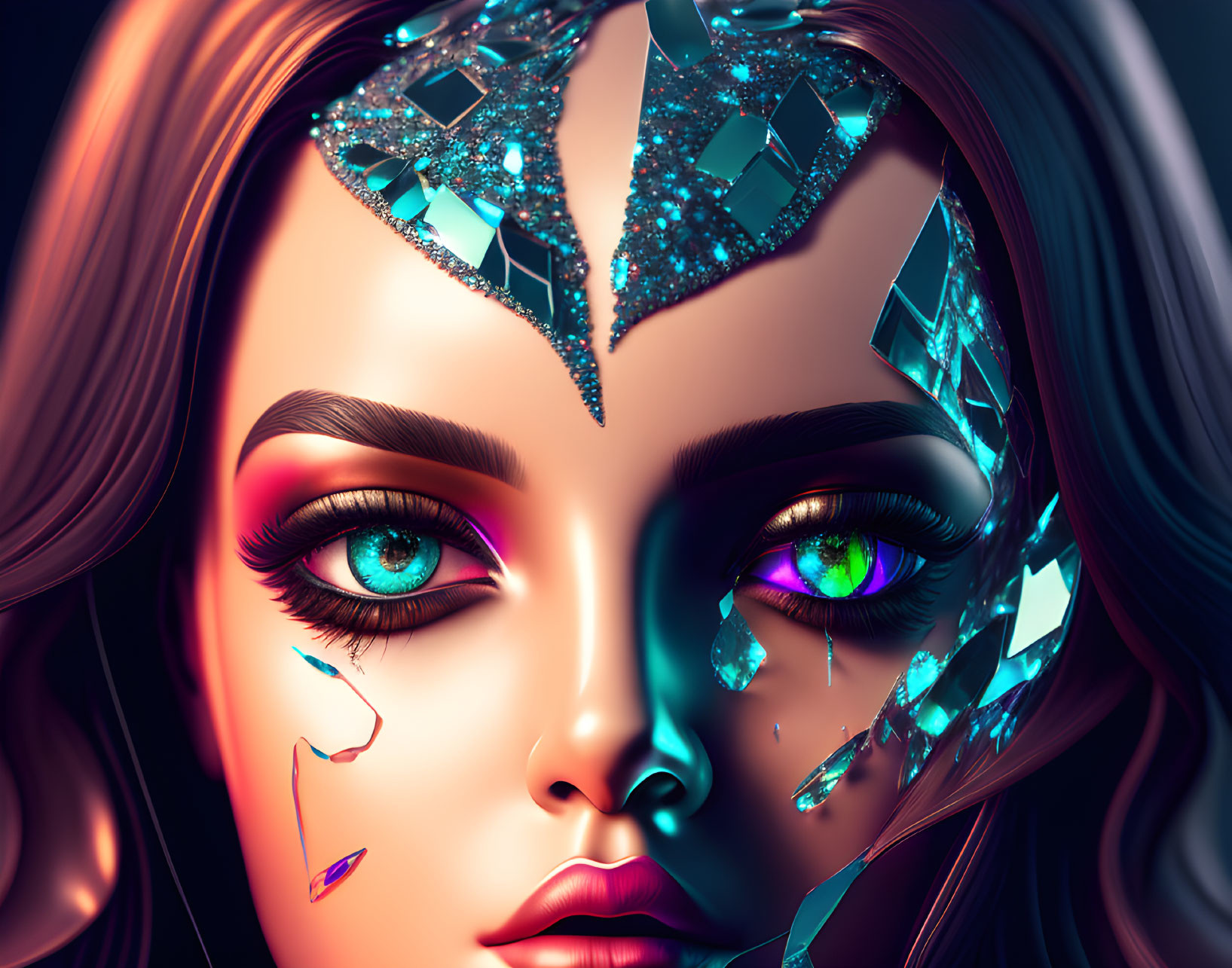 Stylized female face with blue and purple eyes, glittering tears, jewel-encrusted