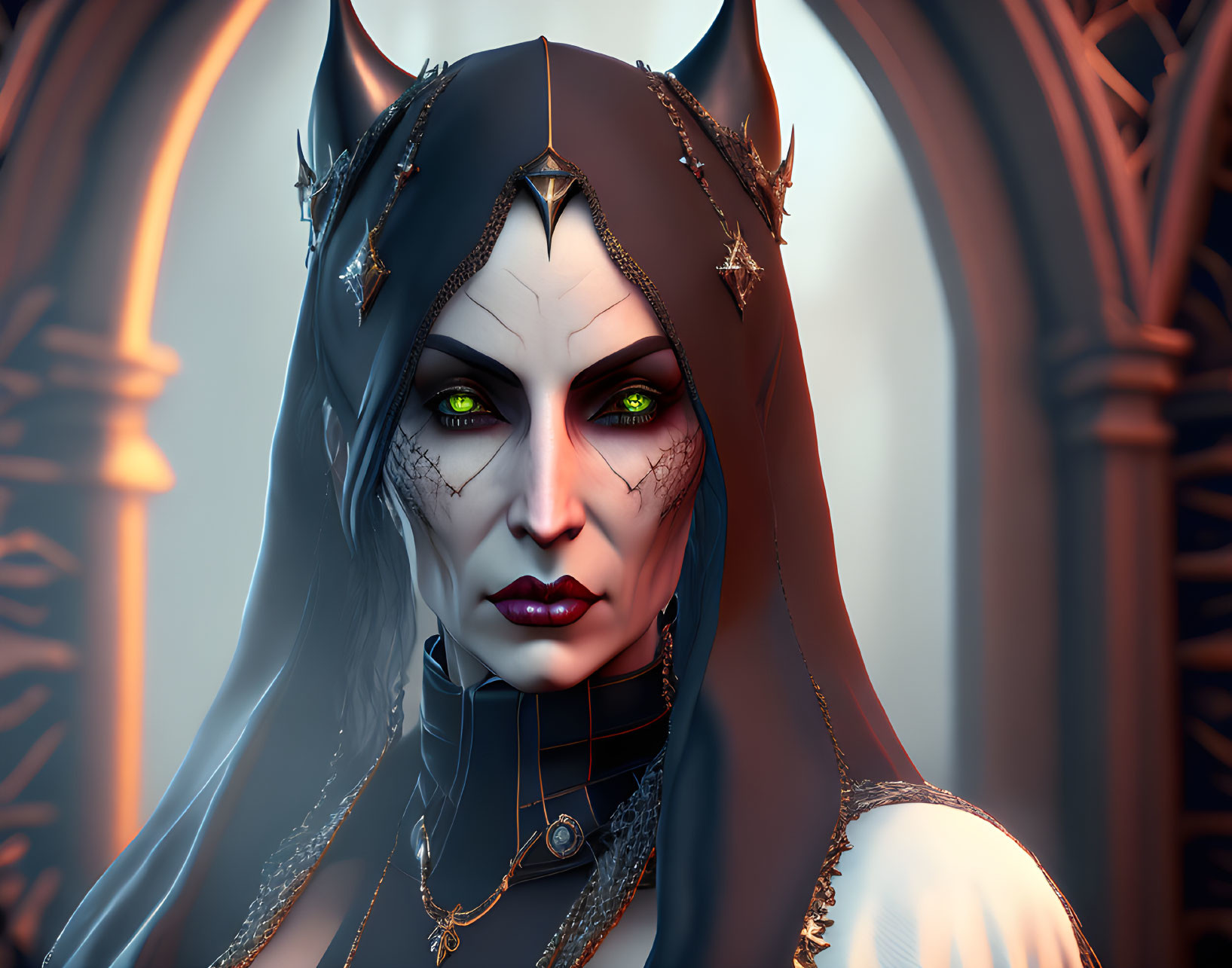 Stylized female character with pale skin, green eyes, black horns, facial tattoos, gothic