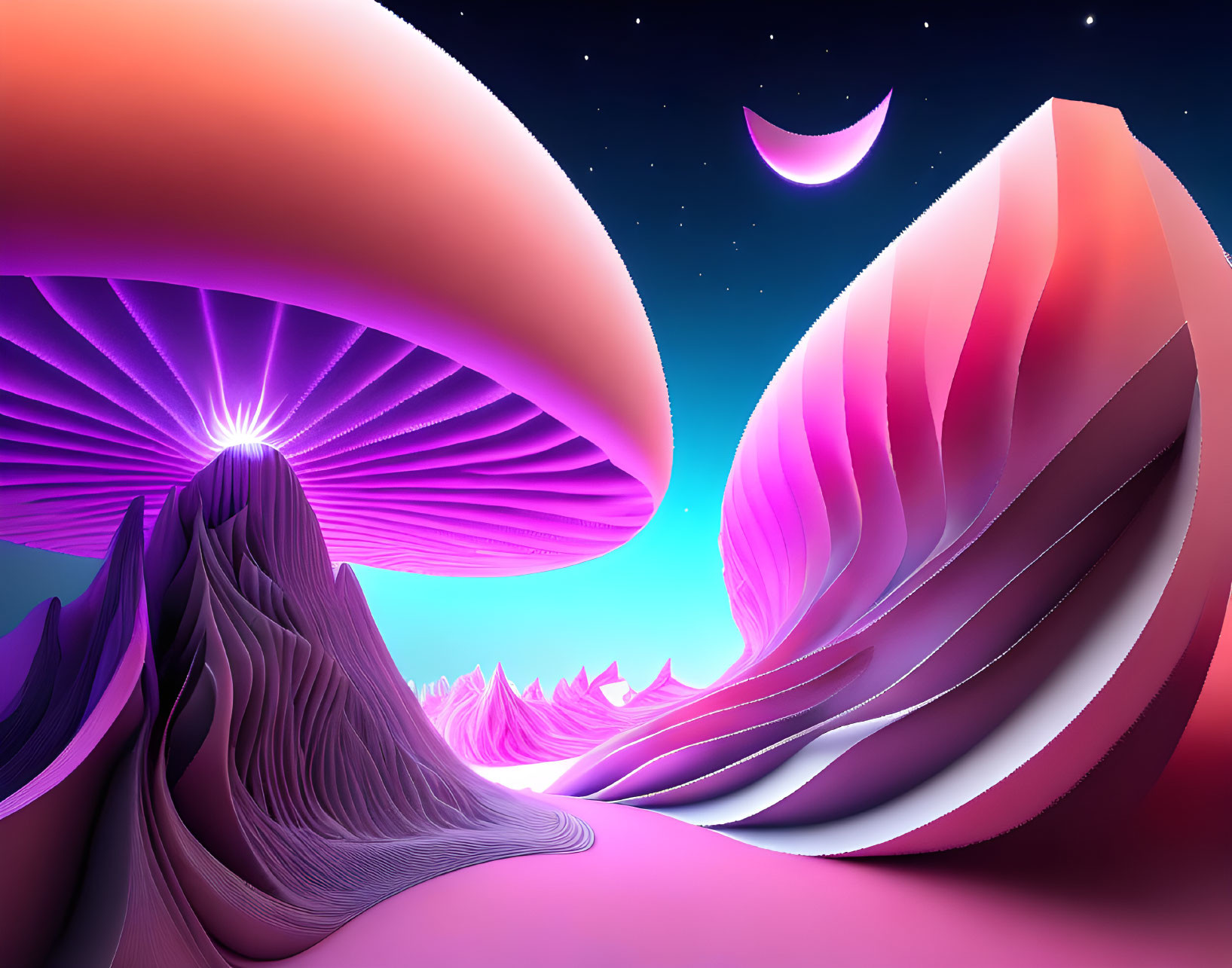 Surreal landscape with giant neon mushrooms and pink terrain under starry sky