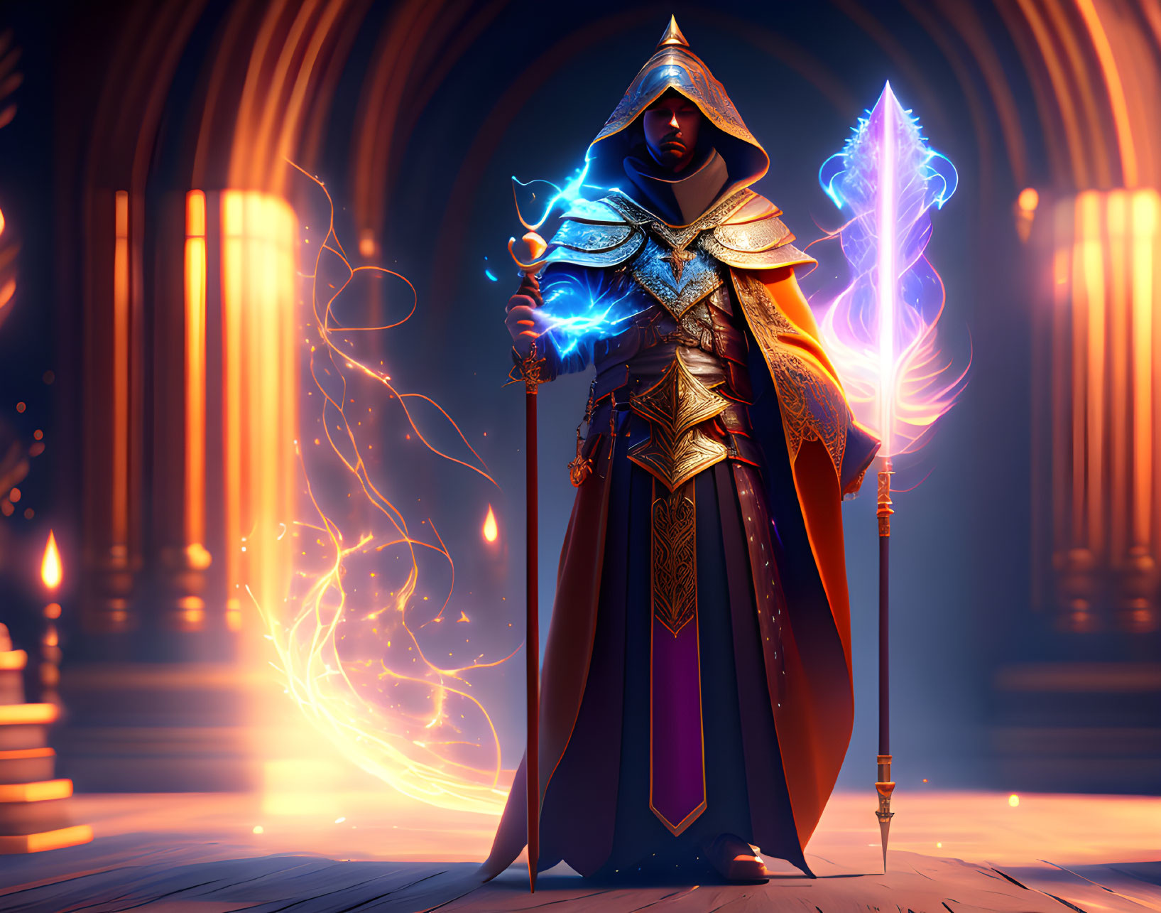 Majestic sorcerer in ornate robes conjures glowing blue energy spell