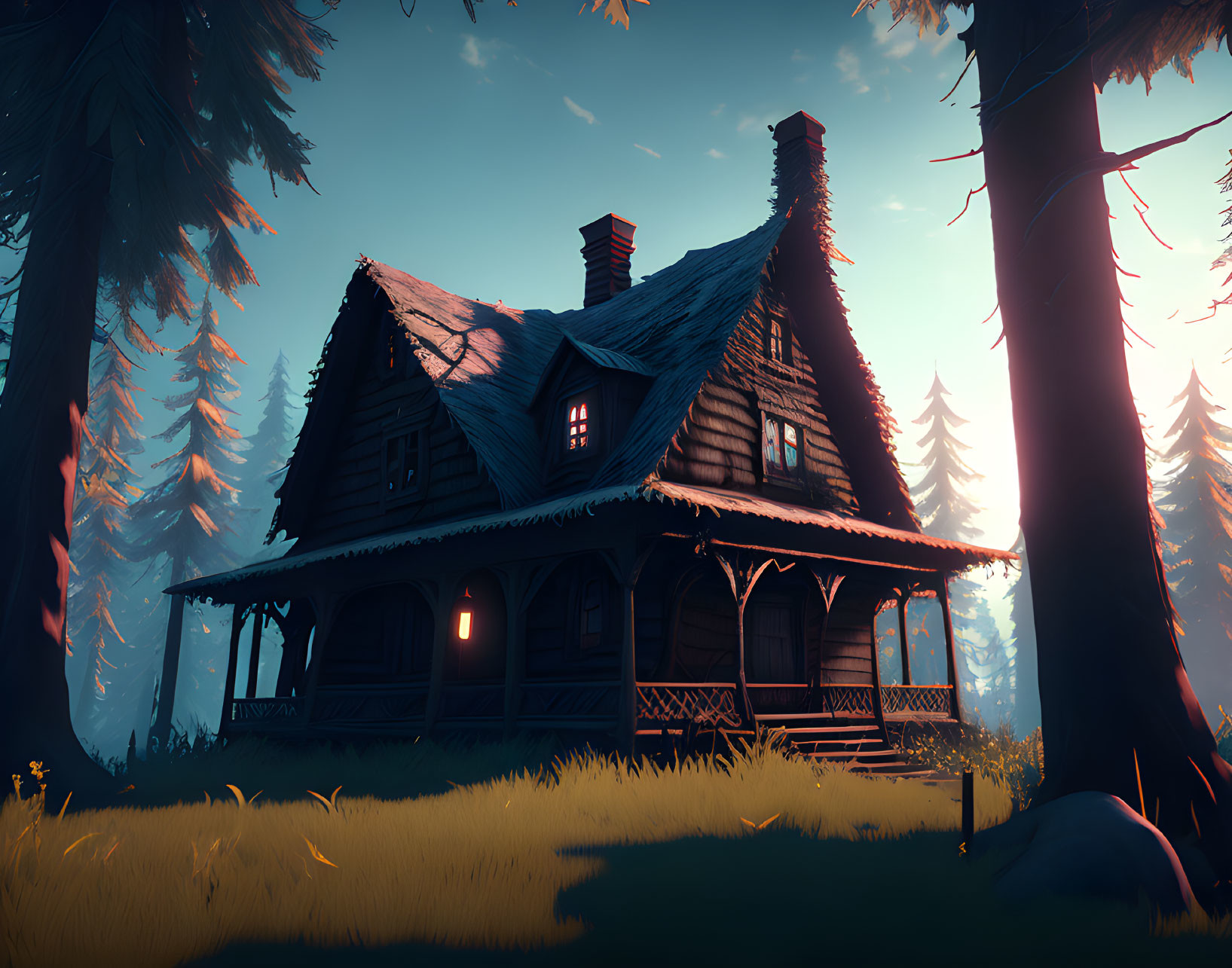 Twilight forest scene: Cozy wooden cabin with blue roof and lit interior