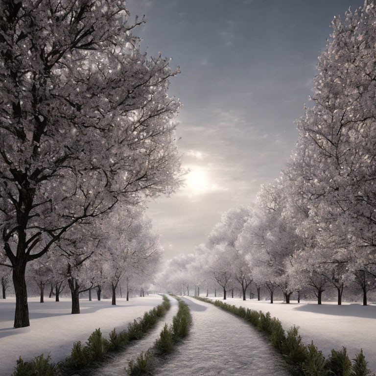 Tranquil winter scene: snow-covered path and frost-covered trees.