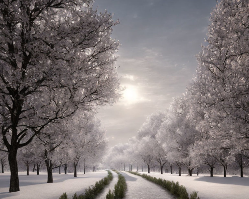 Tranquil winter scene: snow-covered path and frost-covered trees.