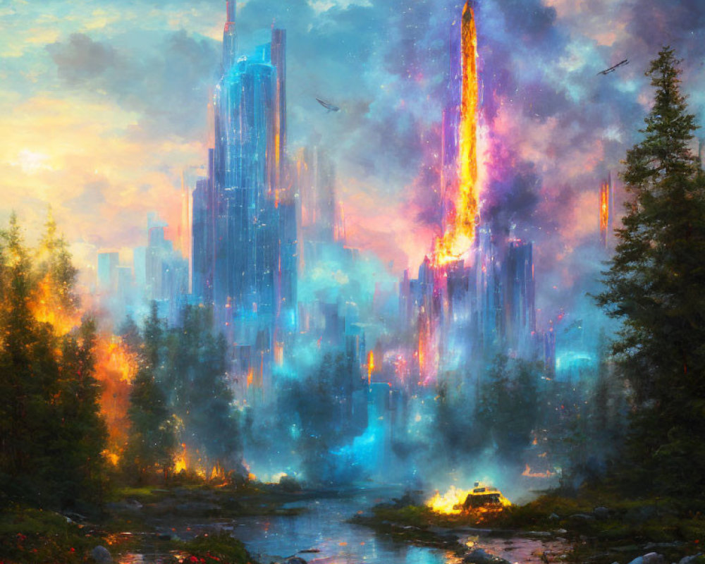 Surreal landscape painting of futuristic city by serene river