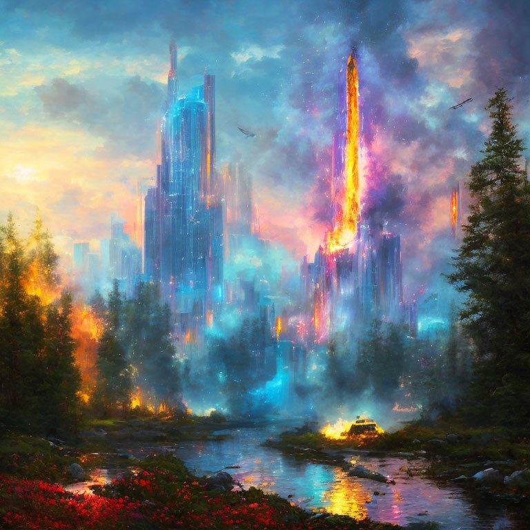 Surreal landscape painting of futuristic city by serene river