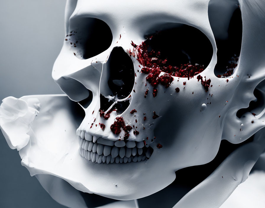 Detailed close-up of white skull with dramatic lighting and dark red substance.